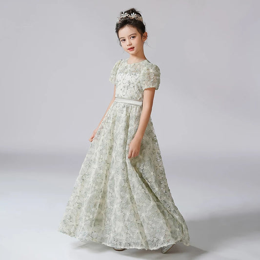 Dideyttawl Customized Dress For Girl Rhinestone Flower Lace Flower Girl Dresses Puff Sleeves Kids Birthday Formal Princess Gowns