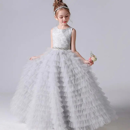 Dideyttawl Customized Long Girls Formal Princess Gown Tiered Flower Girl Dresses For Wedding Party Tulle Junior Bridesmaid Dress