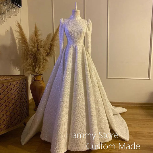 Exquisite Beading Wedding Dress Muslim Bridal Gown High Neck Pearls Sequined A Line Islamic Bride Dresses Robe De Mariage