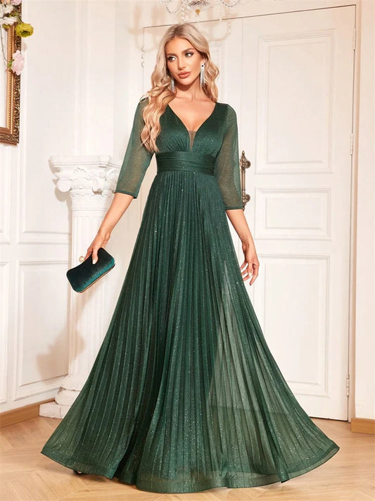 Luxury Long Sleeve Formal Evening Dress Deep V-Neck Floor-Length Gown Women 2024 Chiffon A-line Prom Cocktail Dress